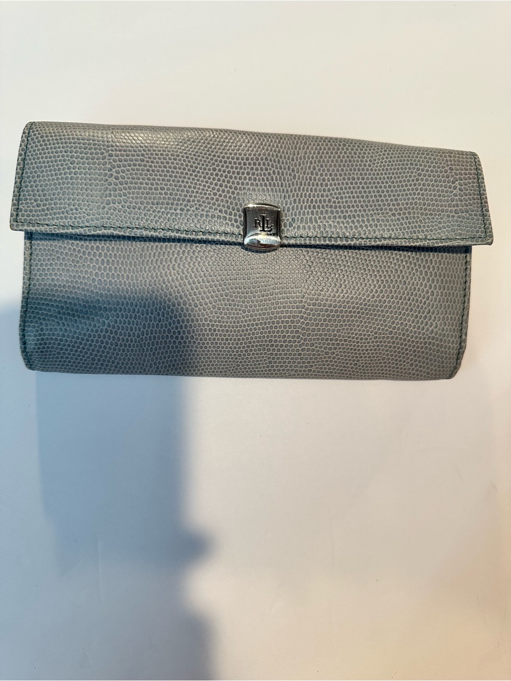Ralph Lauren Gray Lizard-Embossed Leather Envelope Clutch